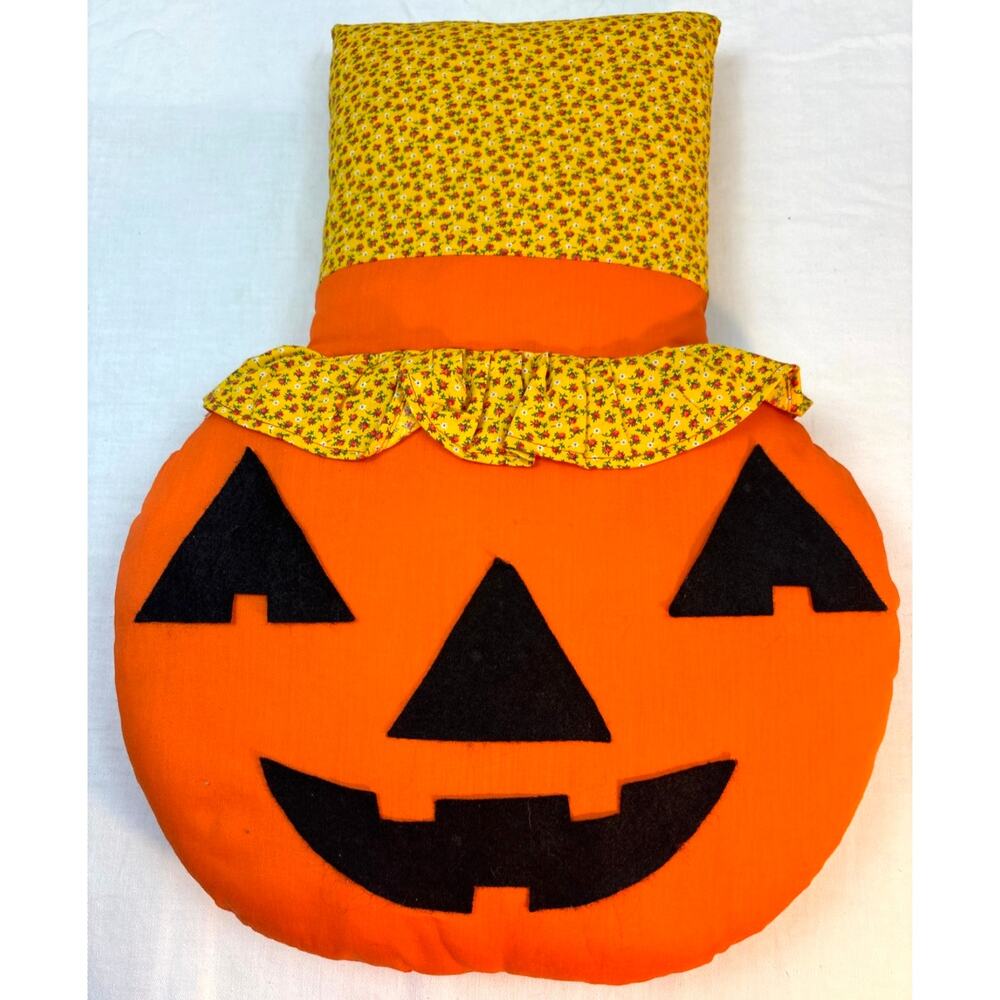 Vintage Fabric Stuffed Pumpkin Face Pillow Wall Hanging Handmade Halloween Decor